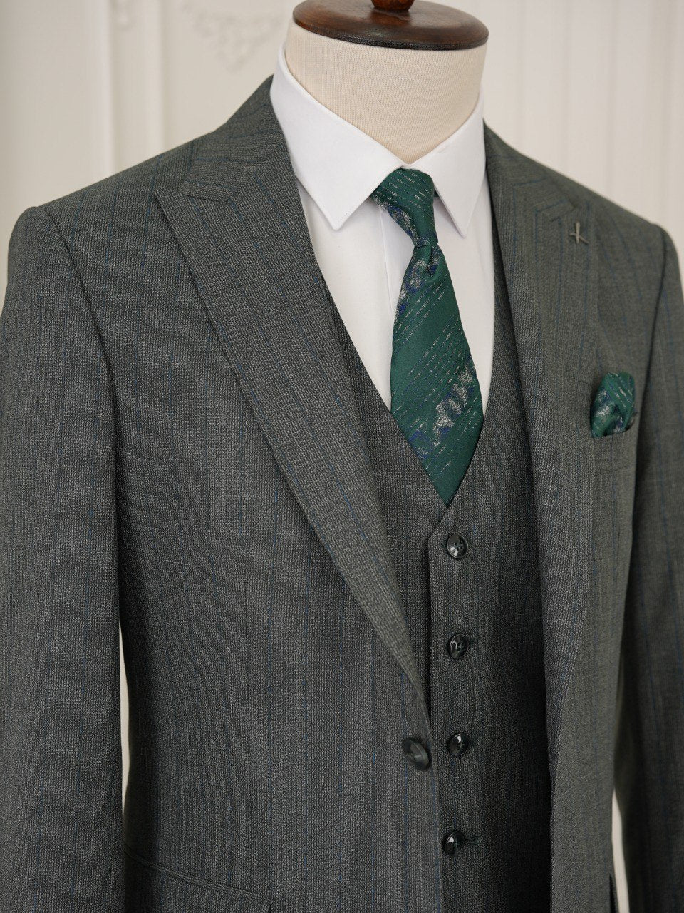 Green Striped Slim-Fit Suit 3-Piece