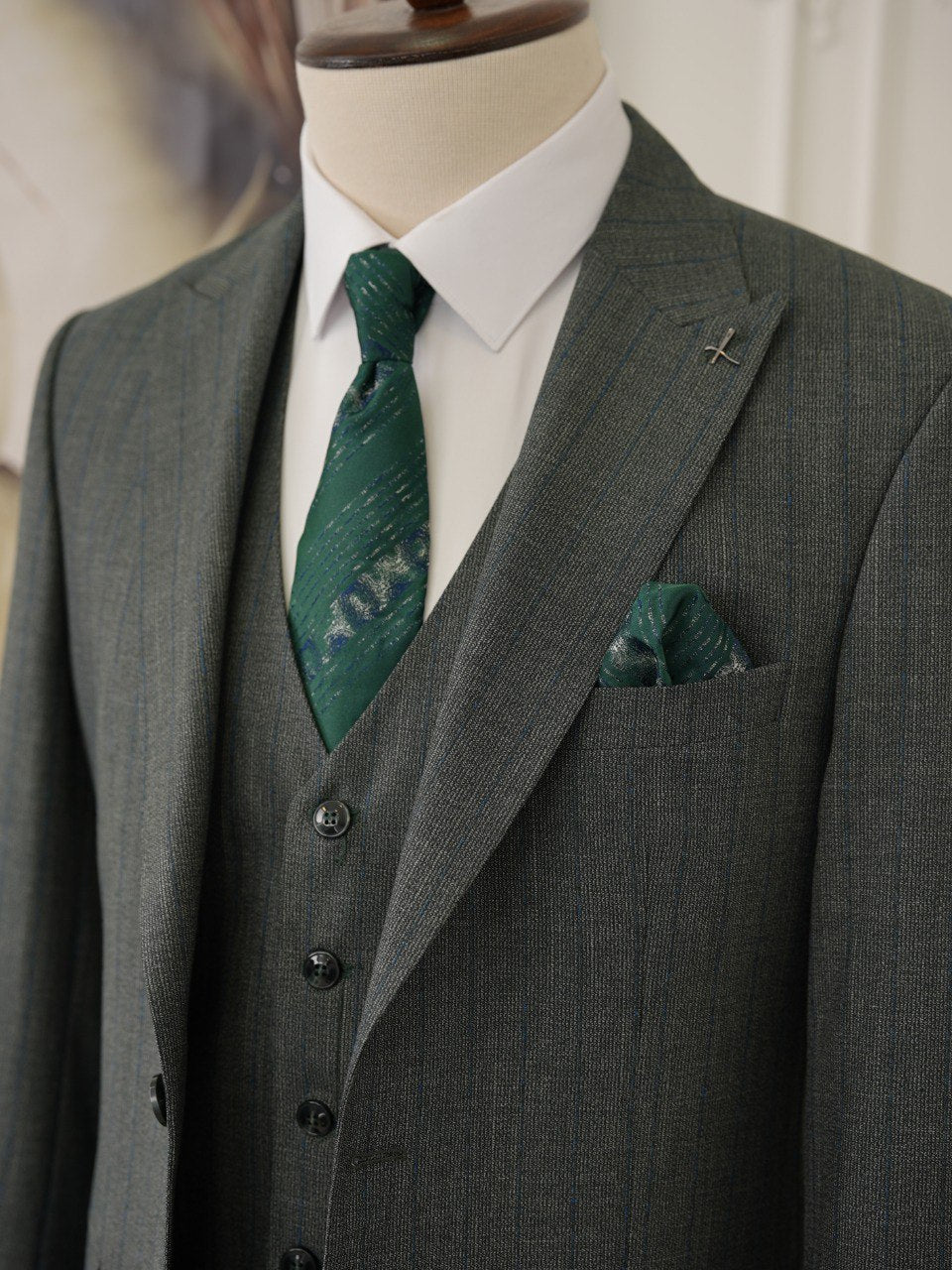 Green Striped Slim-Fit Suit 3-Piece