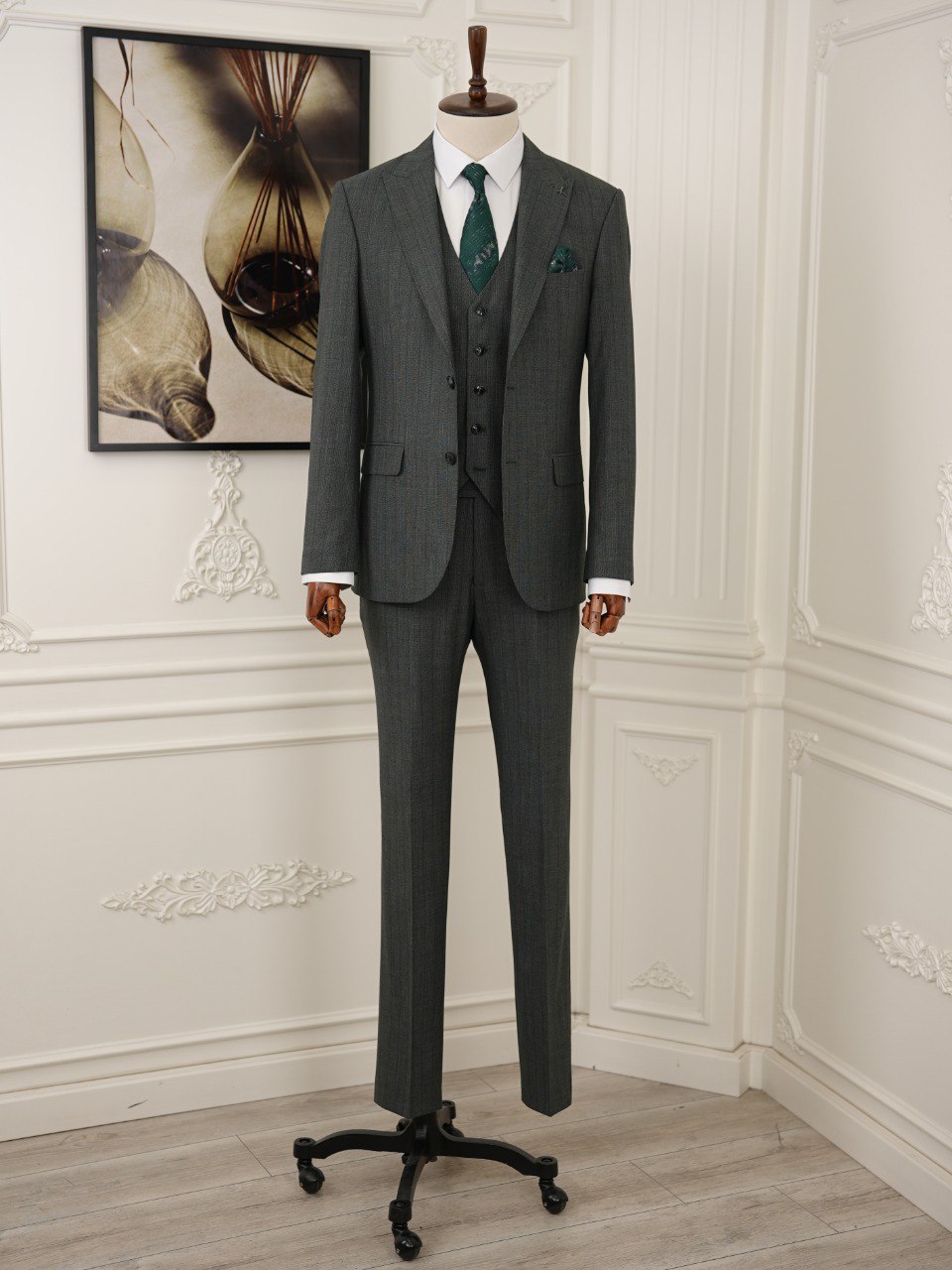 Green Striped Slim-Fit Suit 3-Piece