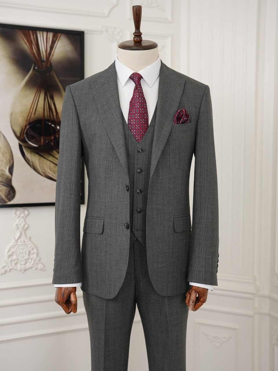 Grey Striped Slim-Fit Suit 3-Piece