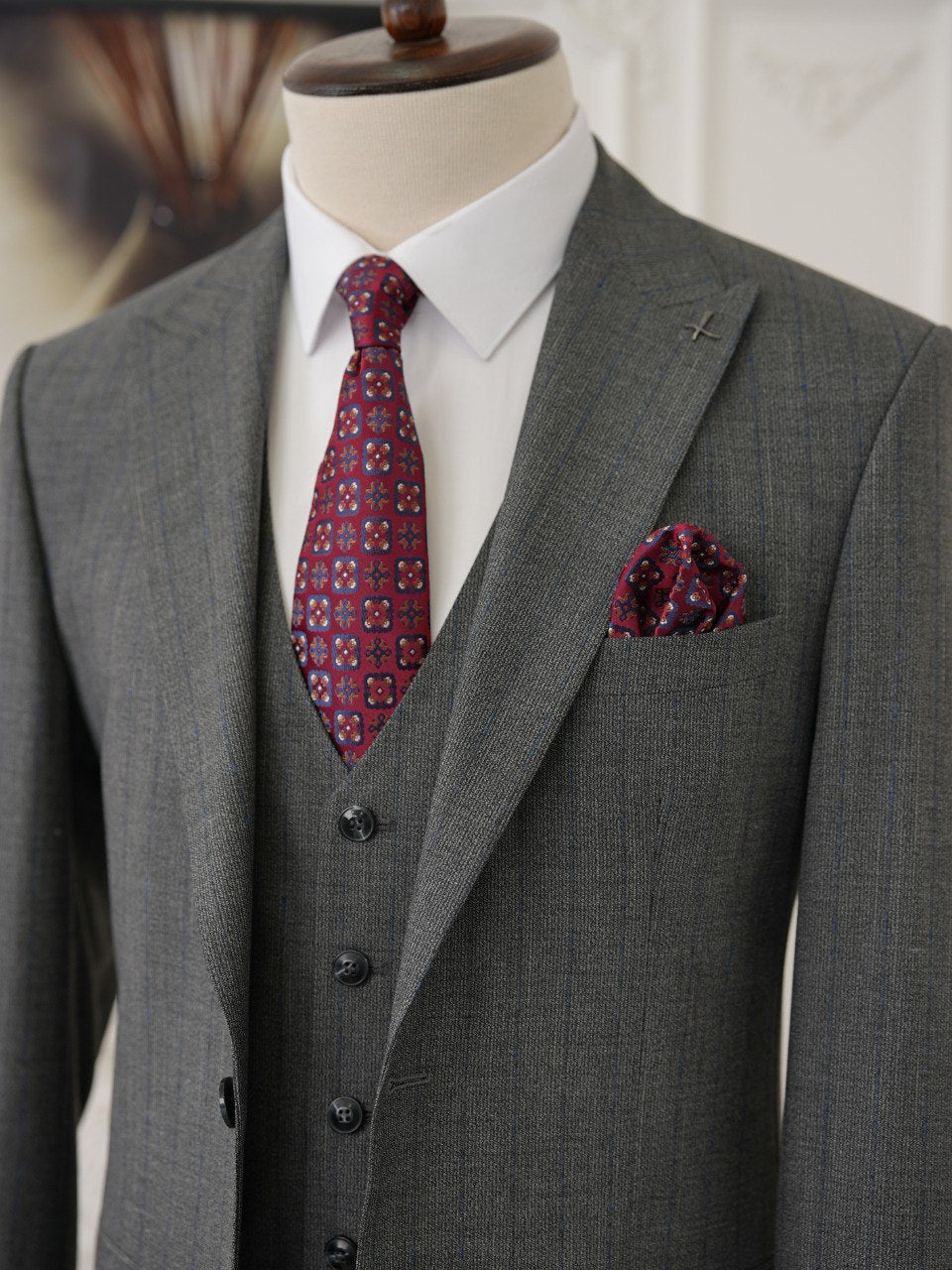 Grey Striped Slim-Fit Suit 3-Piece