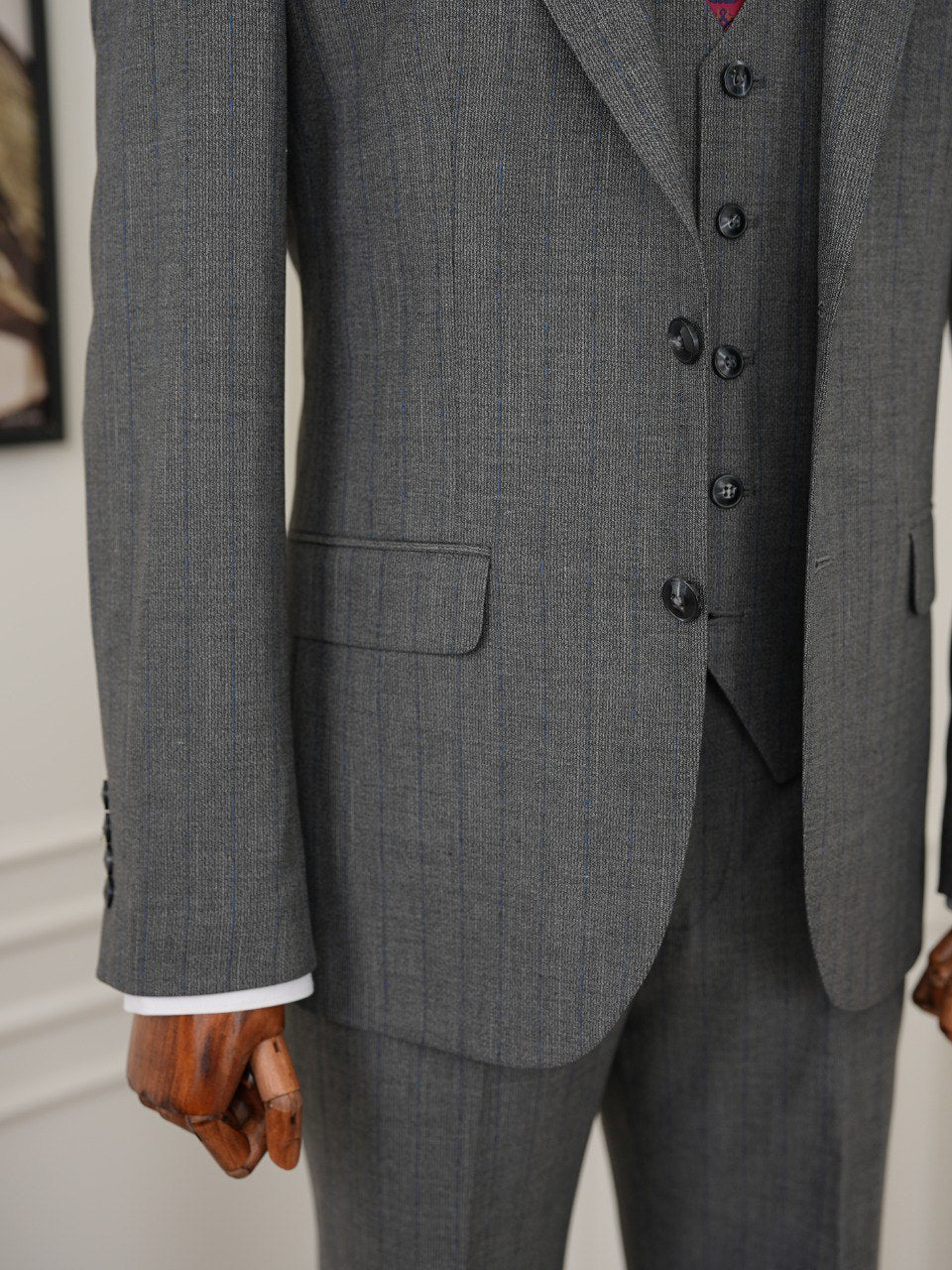 Grey Striped Slim-Fit Suit 3-Piece