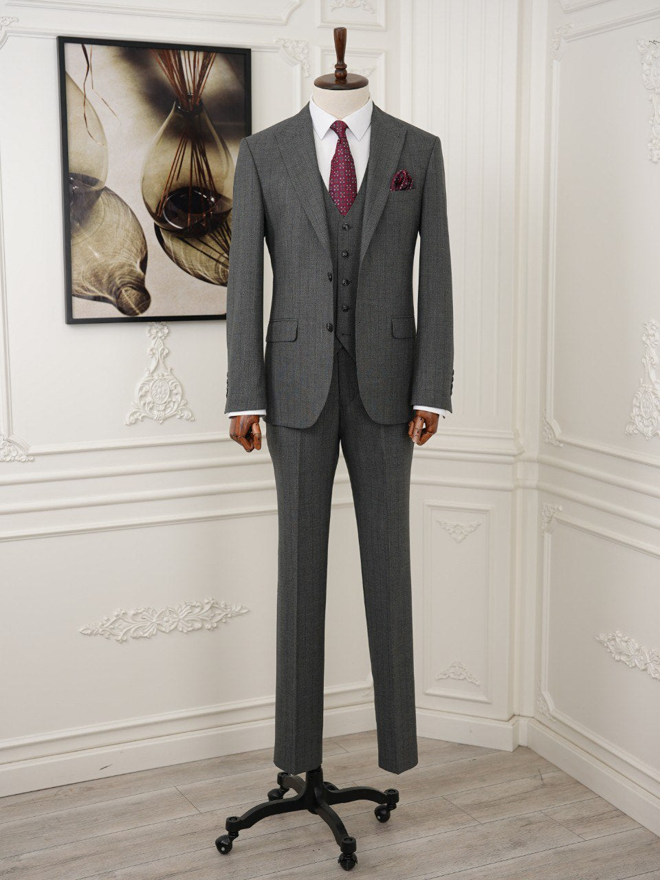 Grey Striped Slim-Fit Suit 3-Piece