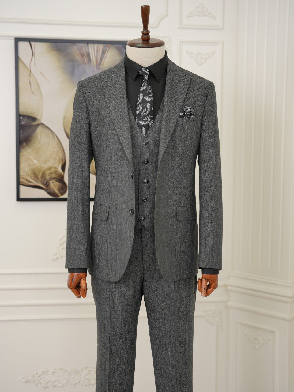 Grey Striped Slim-Fit Suit 3-Piece