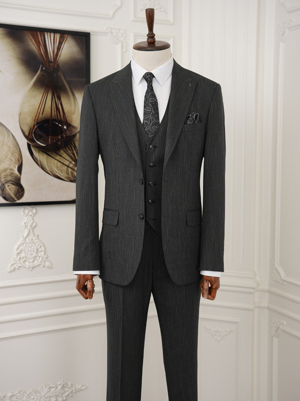 Grey Striped Slim-Fit Suit 3-Piece