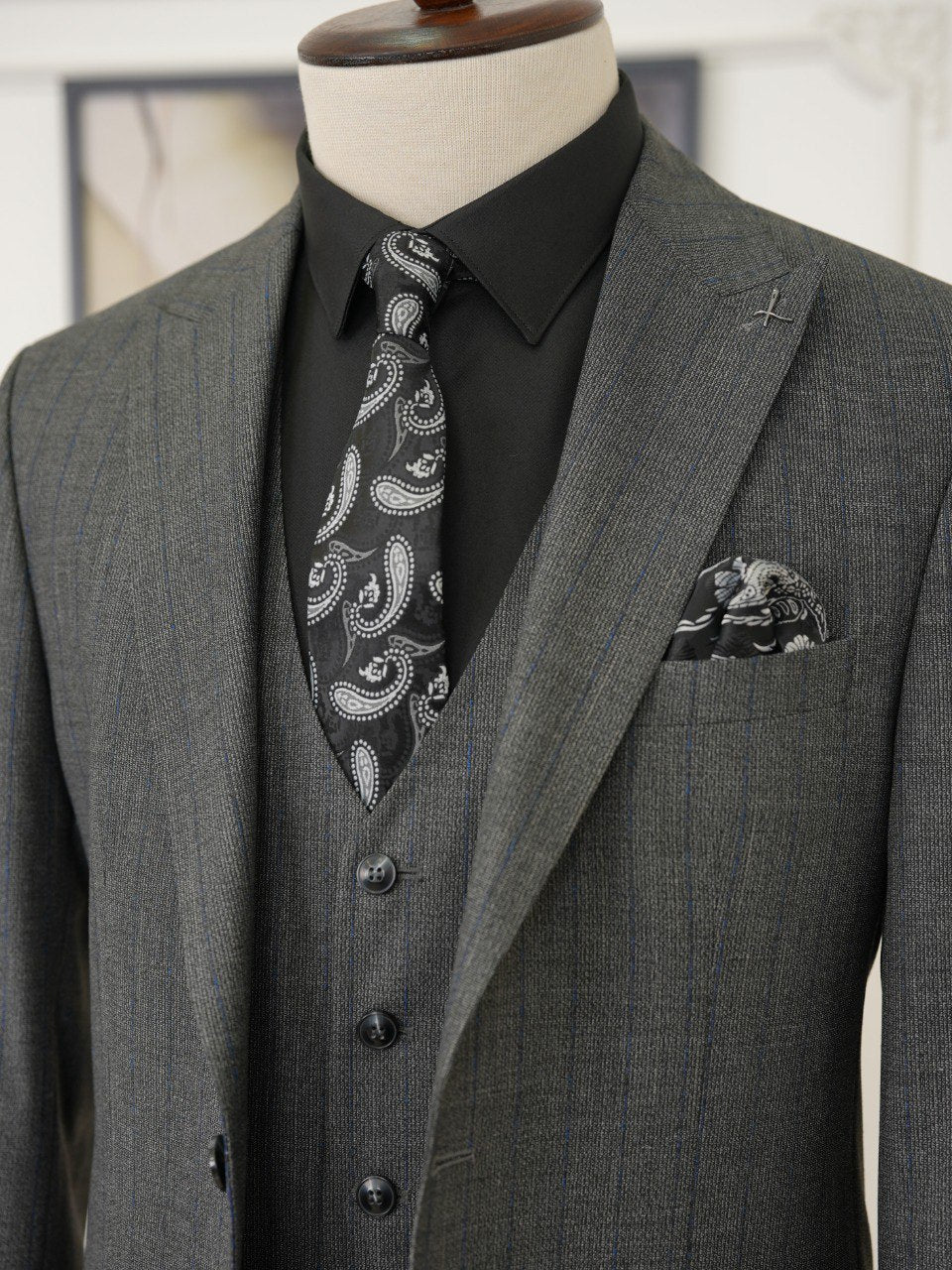 Grey Striped Slim-Fit Suit 3-Piece