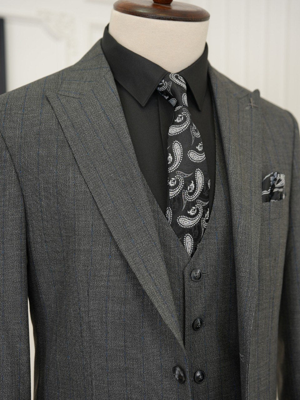 Grey Striped Slim-Fit Suit 3-Piece