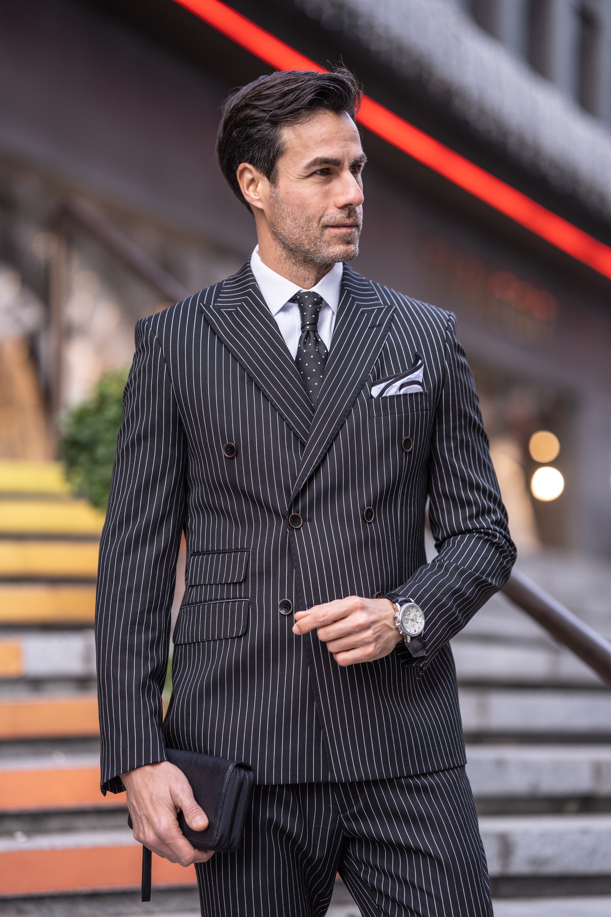 Black Striped Double Breasted Suit 2-Piece