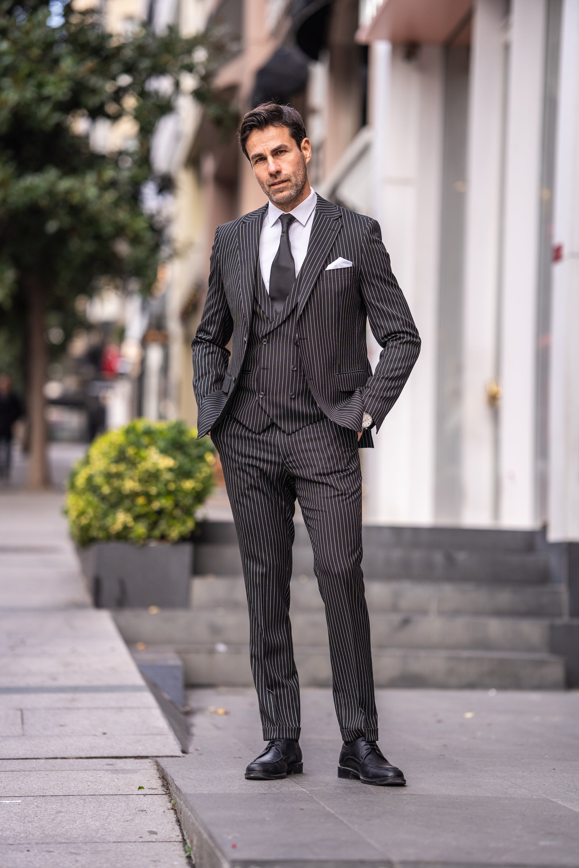 Black Striped Slim-Fit Suit 3-Piece