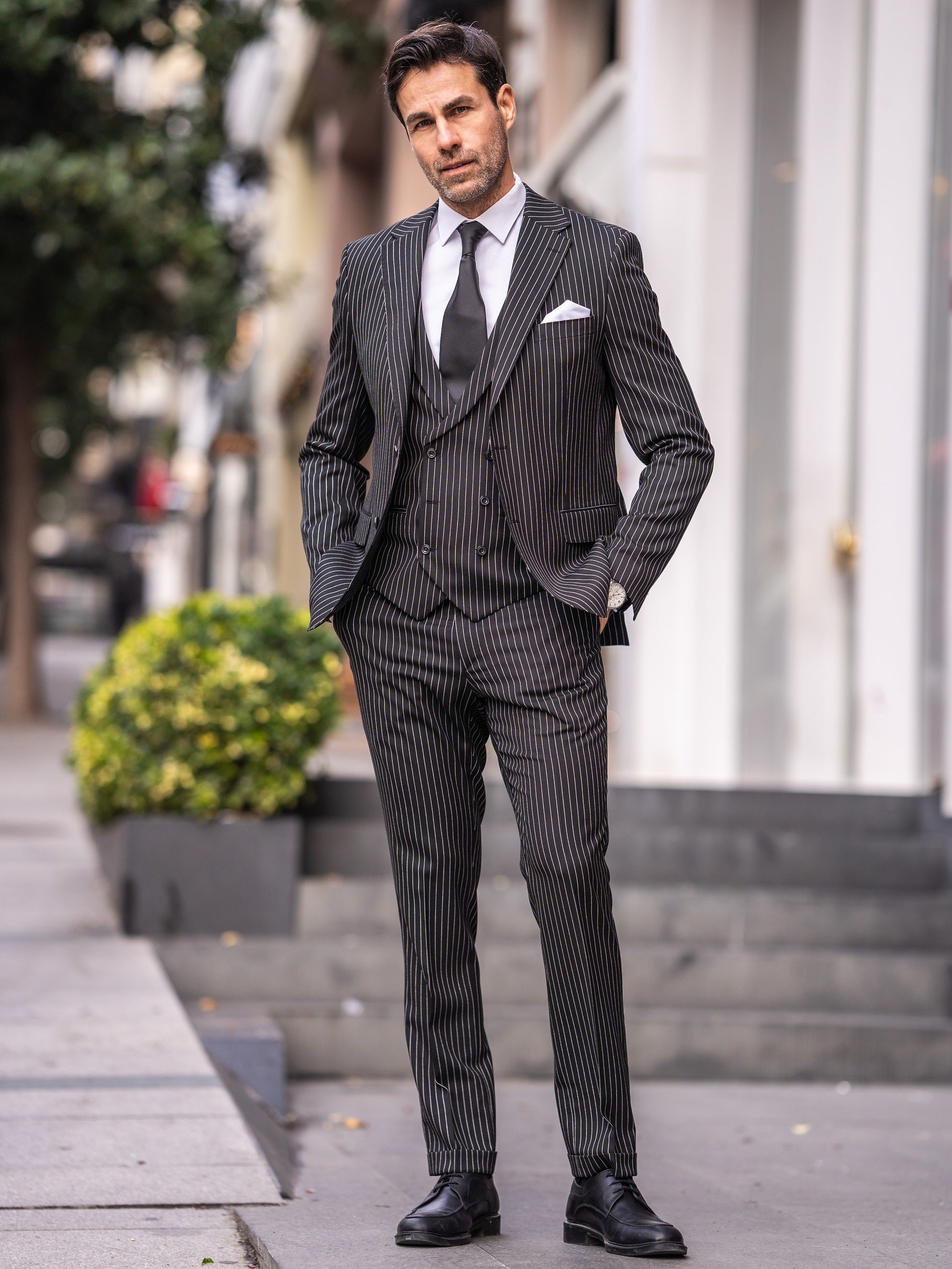 Black Striped Slim-Fit Suit 3-Piece