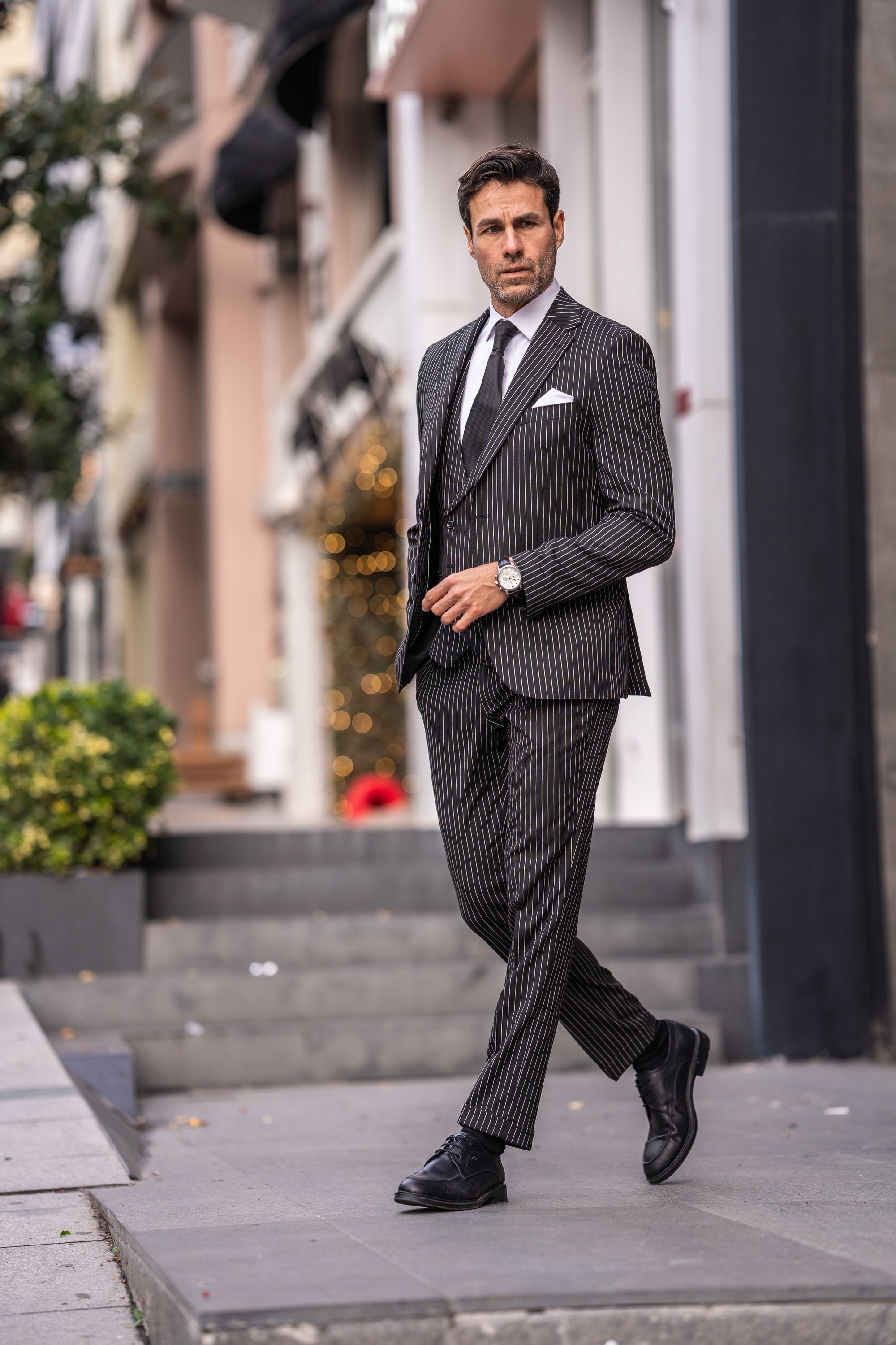 Black Striped Slim-Fit Suit 3-Piece