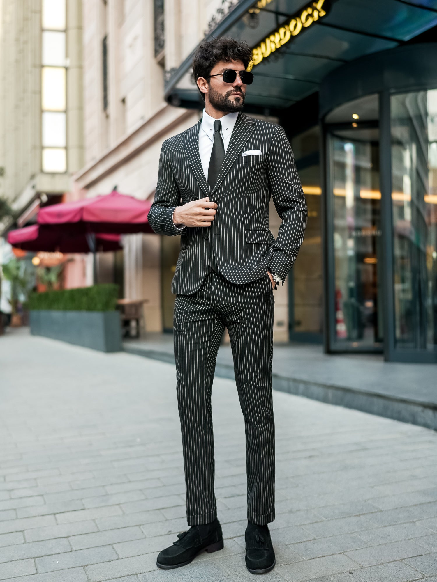 Black Striped Slim-Fit Suit 3-Piece