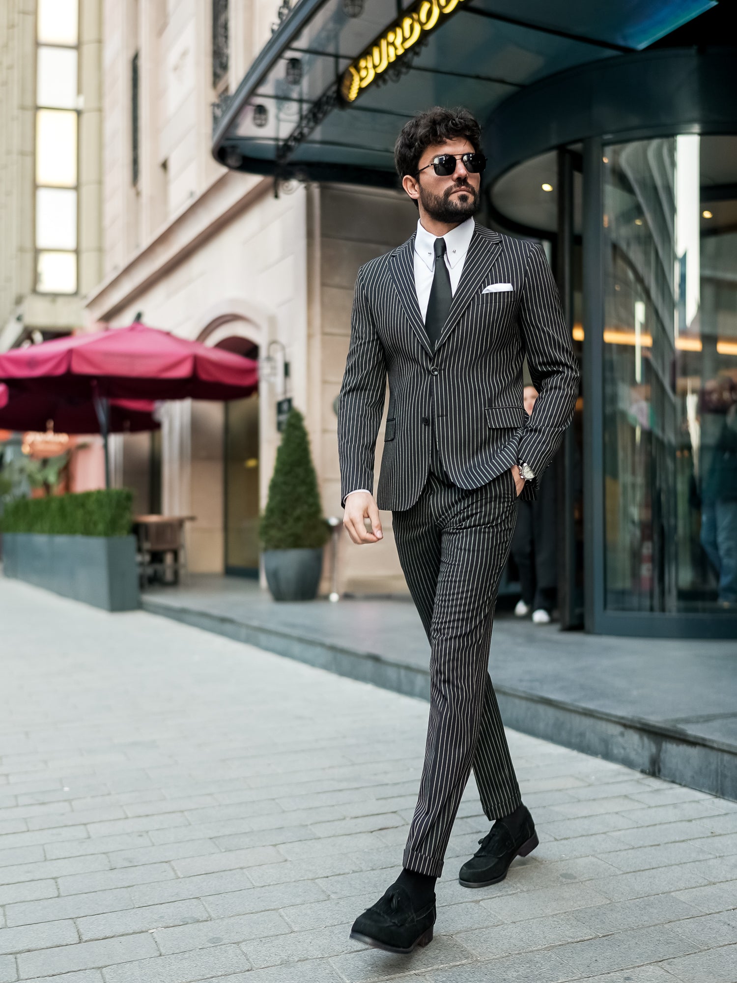 Black Striped Slim-Fit Suit 3-Piece