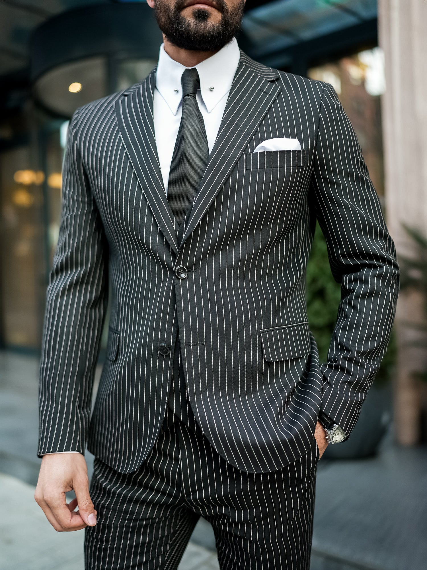 Black Striped Slim-Fit Suit 3-Piece