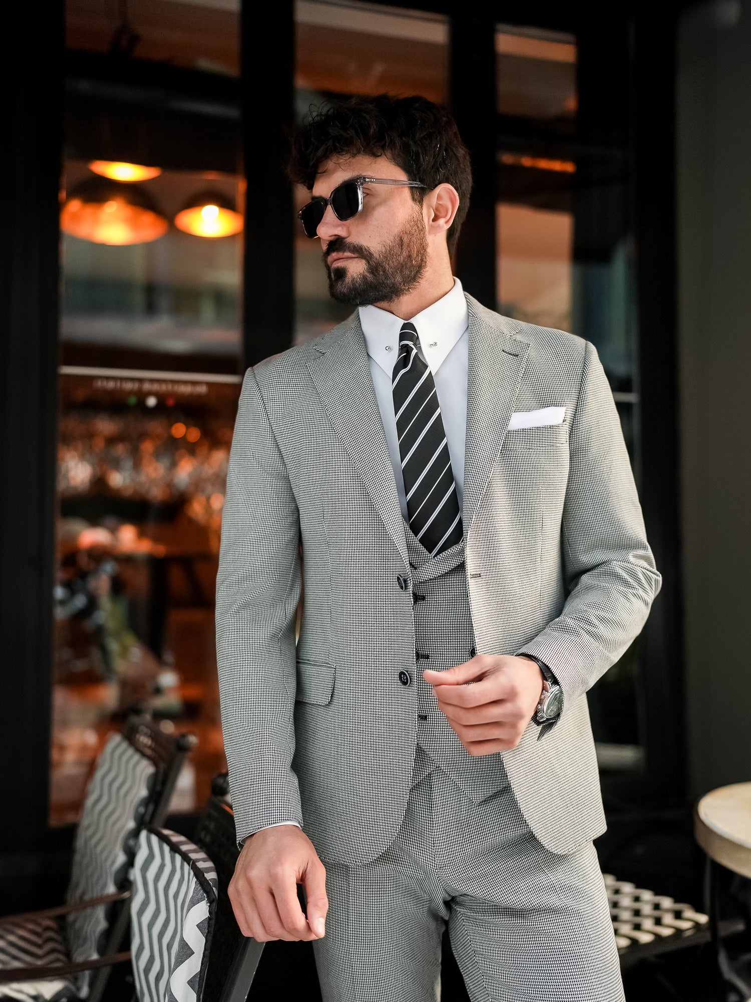 White Houndstooth Slim-Fit Suit 3-Piece