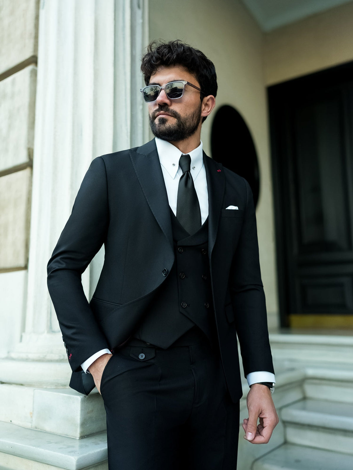 VIOSSI Black Modern-Fit Suit 3-Piece vest closeup showing fabric texture and italian suit styles tailoring