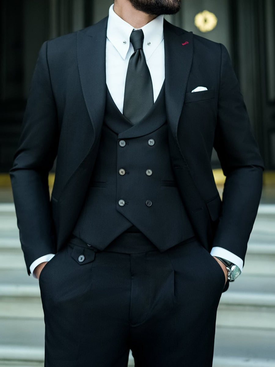 VIOSSI black modern-fit suit 3-piece front view featuring italian suit styles and light blue wedding suit design