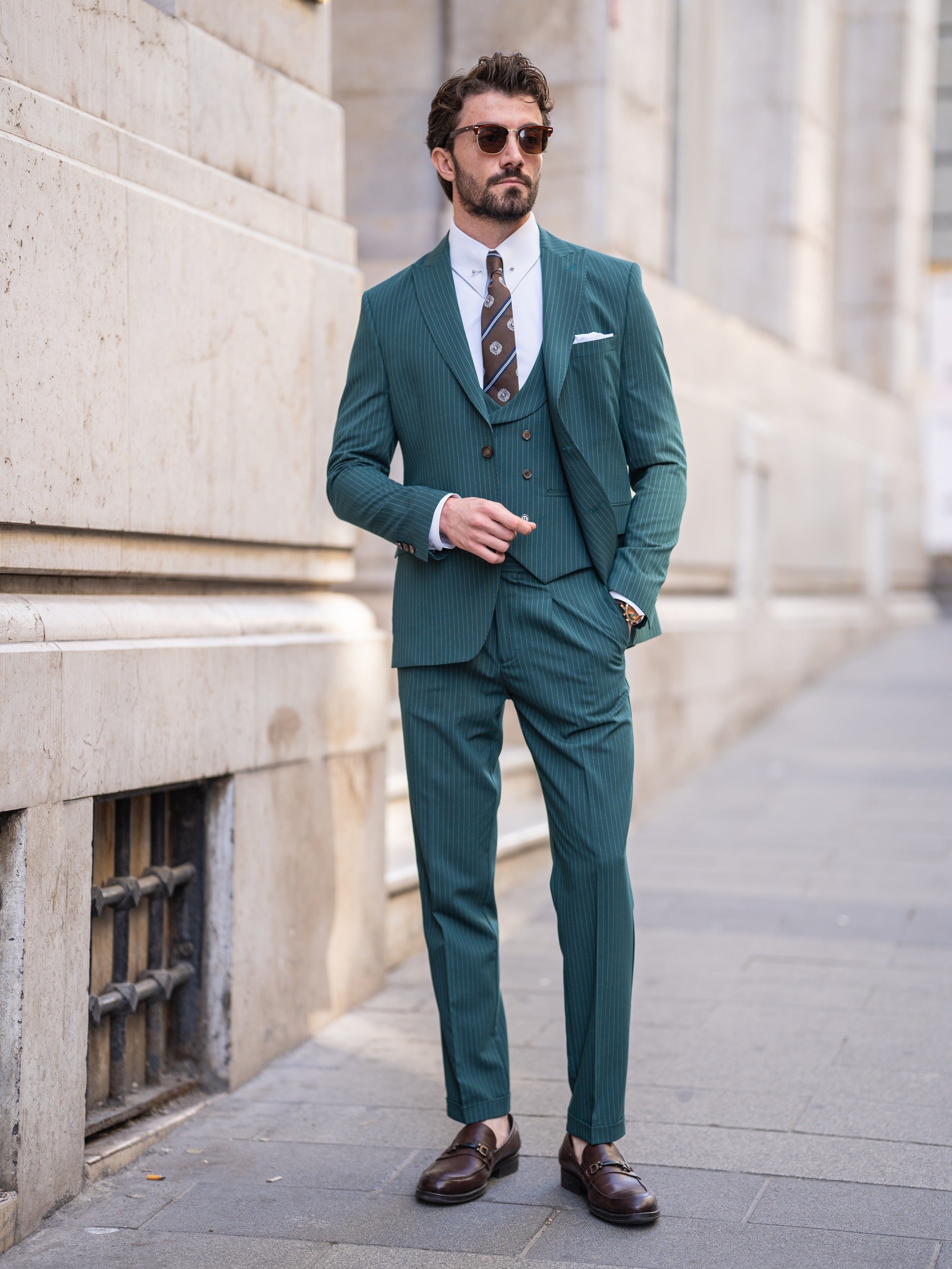 Green Striped Modern-Fit Suit 3-Piece