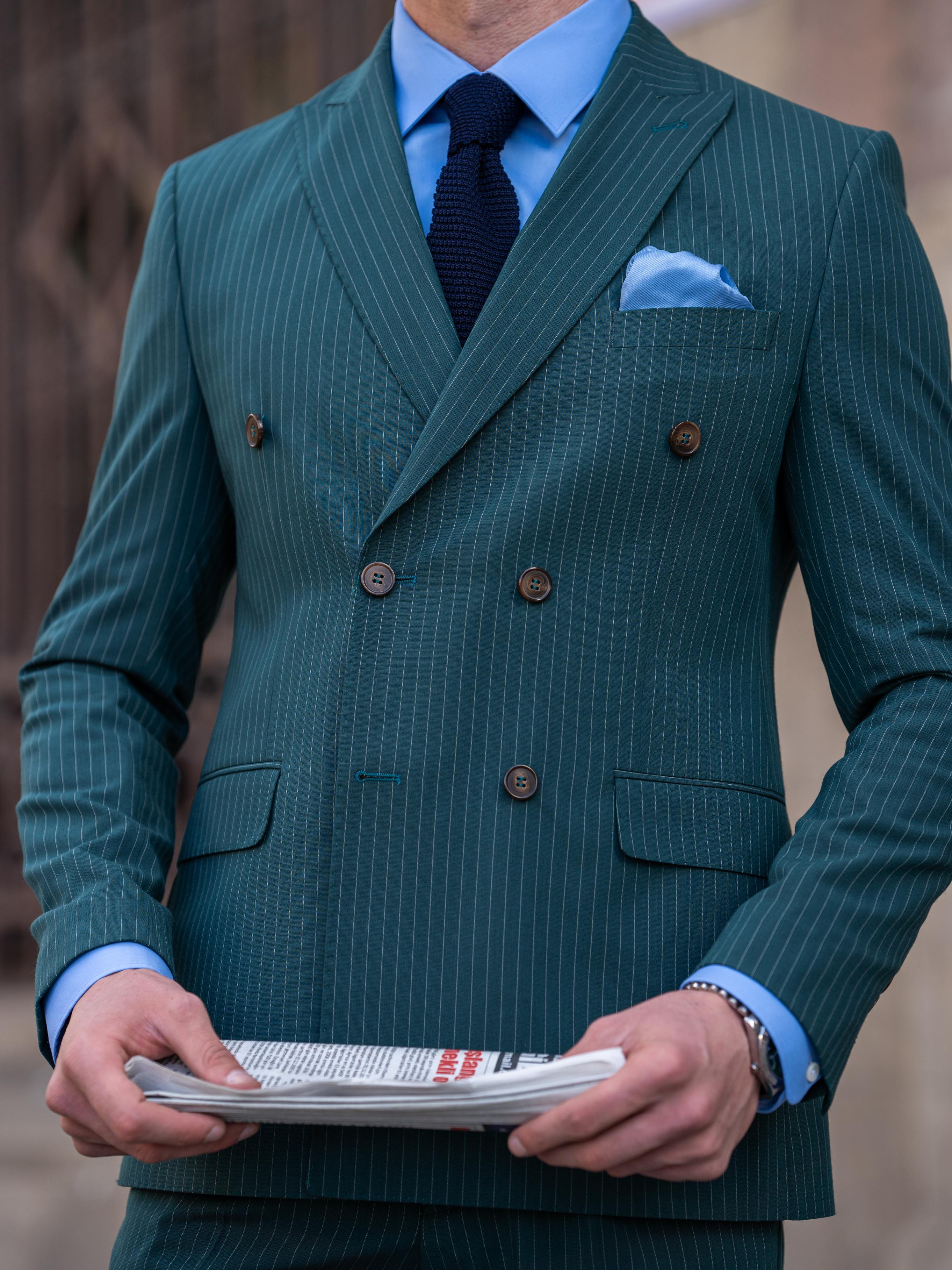 Green Striped Double Breasted Suit 2-Piece