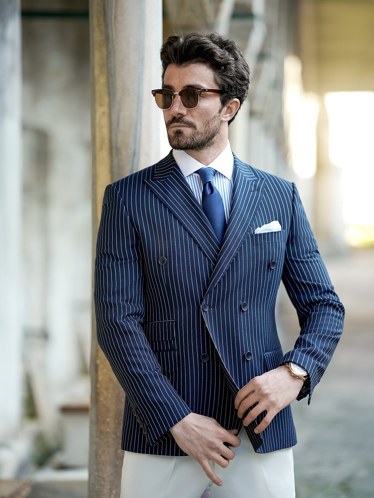 Navy Striped Double Breasted Blazer