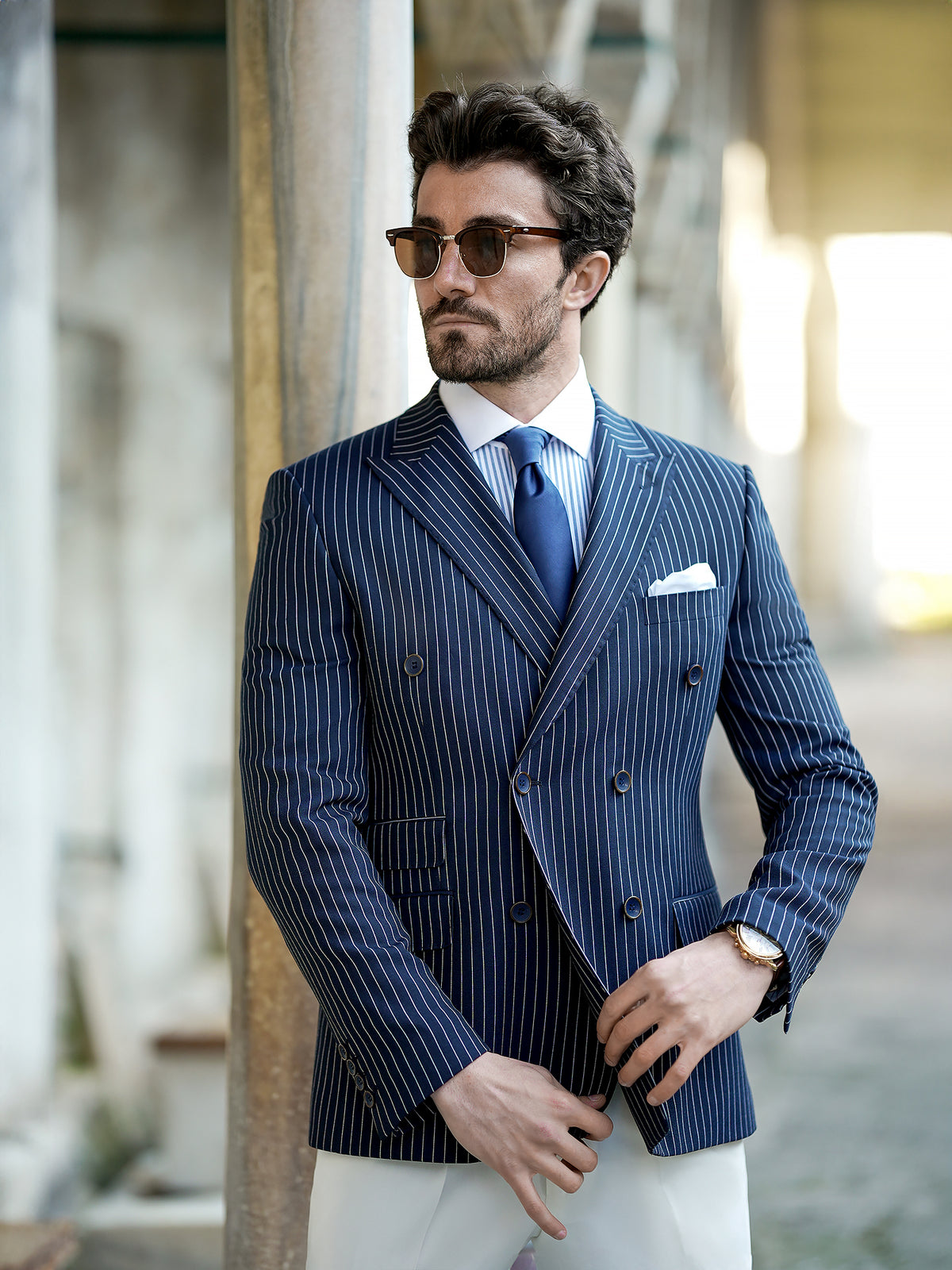 VIOSSI navy striped double breasted blazer worn at formal event - tuxedo double breasted evening wear style