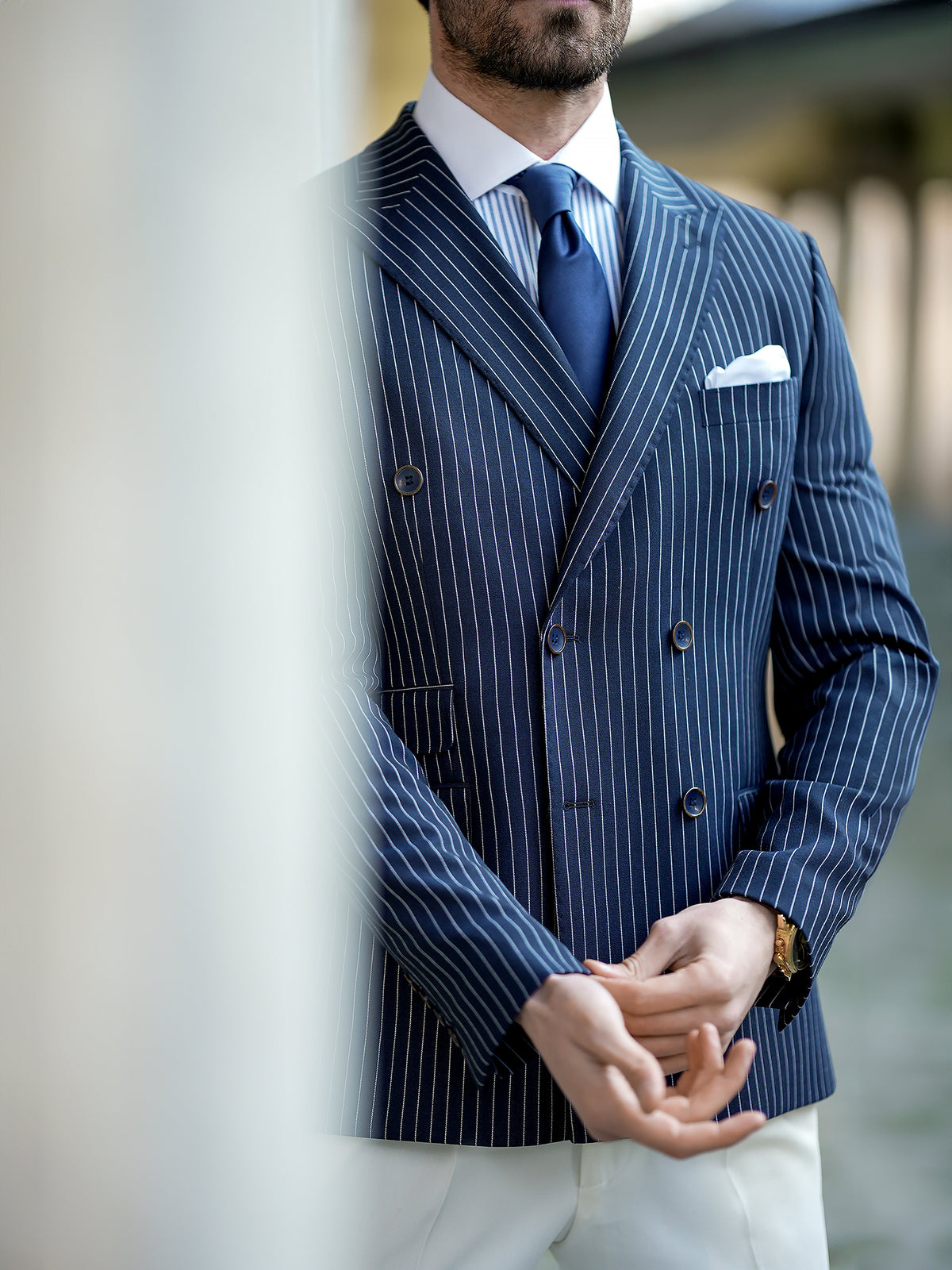 VIOSSI navy striped men double breasted blazer front view - formal double breasted jacket with pinstripes