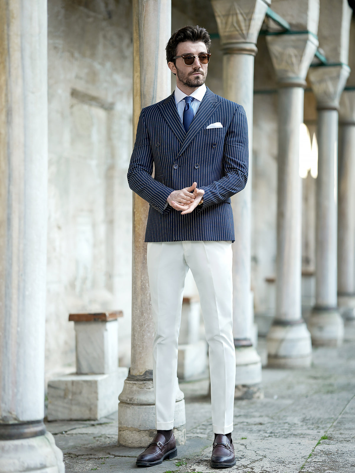 VIOSSI navy striped double breasted blazer back view showing tailored silhouette - tuxedo double breasted style