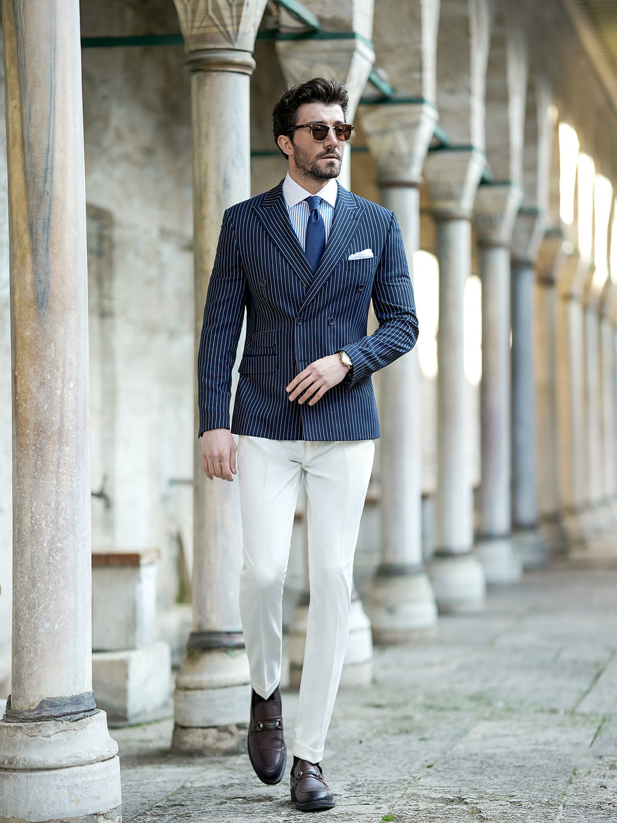 VIOSSI navy striped double breasted blazer front view - men double breasted blazer with classic tailoring