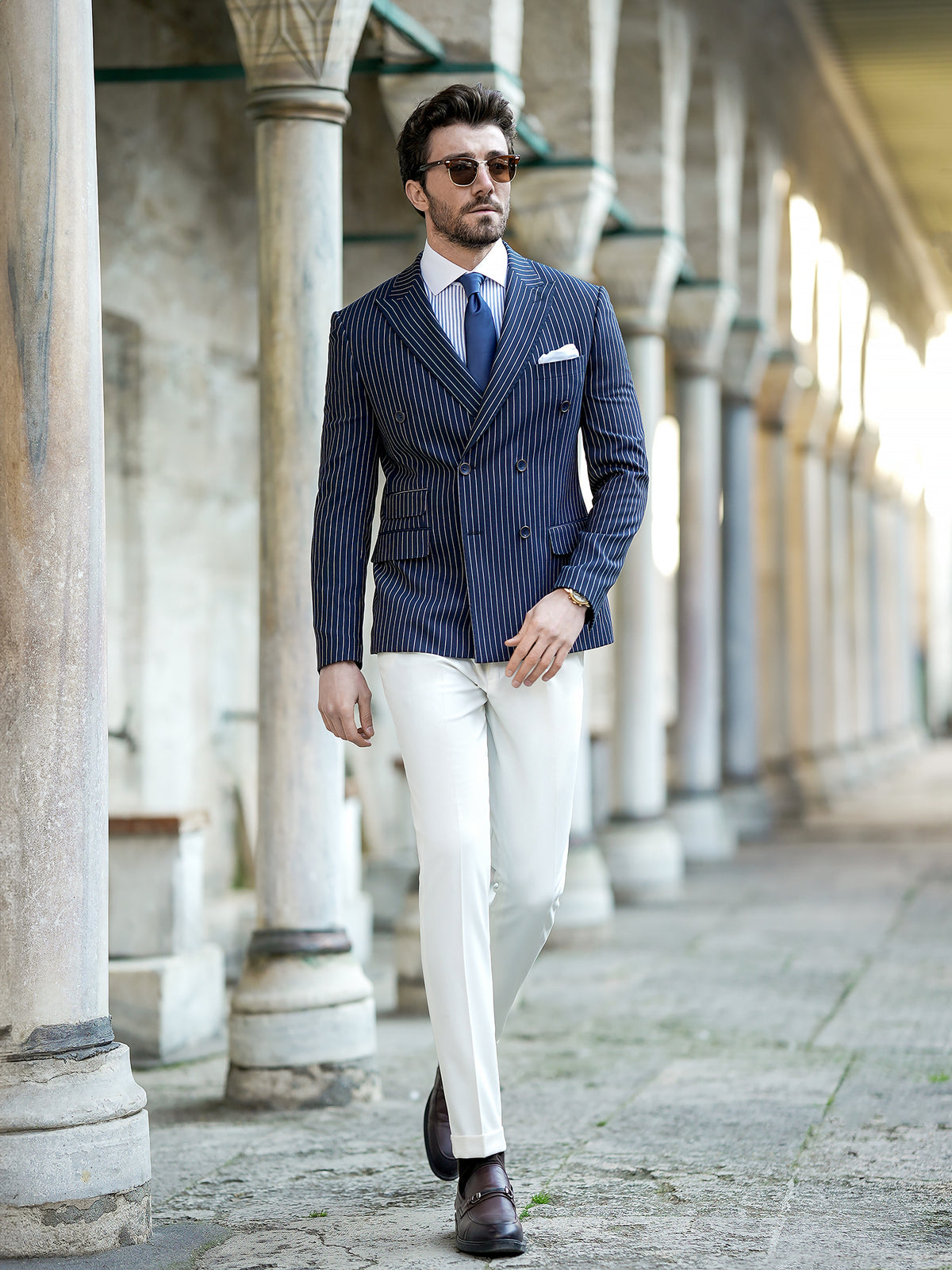 VIOSSI navy striped double breasted blazer sleeve and cuff detail - tuxedo double breasted finishing touches
