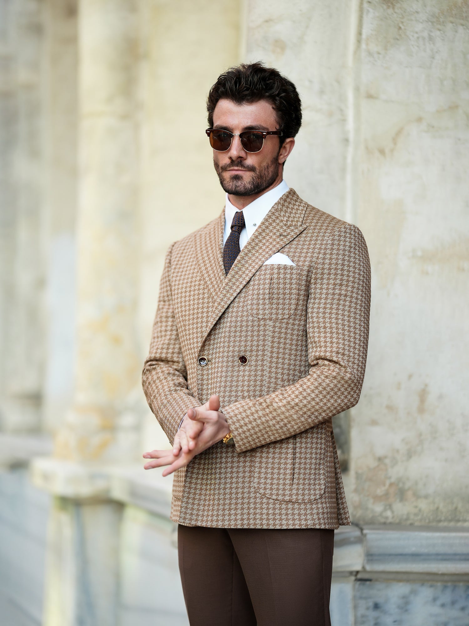 Brown Houndstooth Double Breasted Blazer