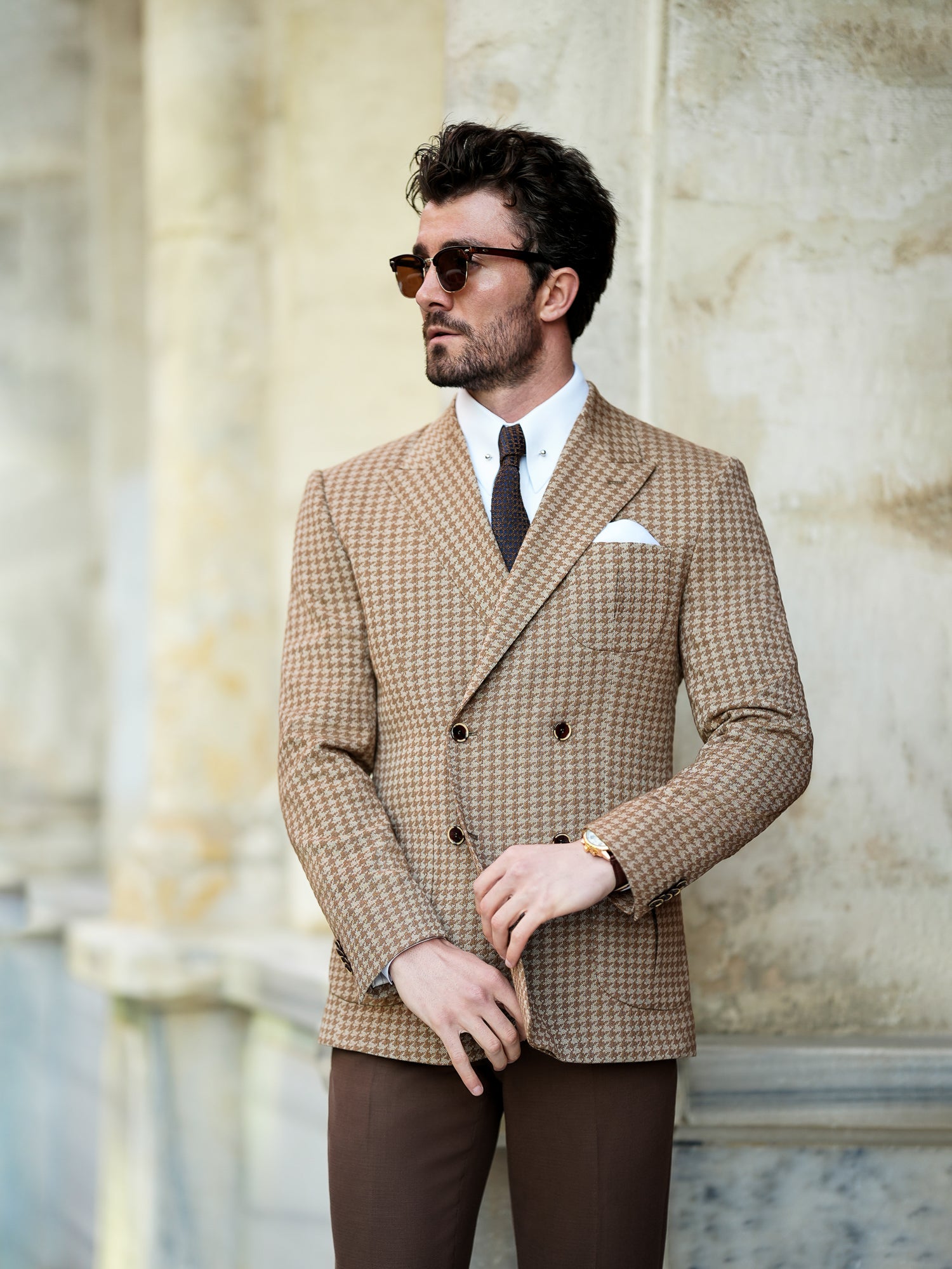 Brown Houndstooth Double Breasted Blazer