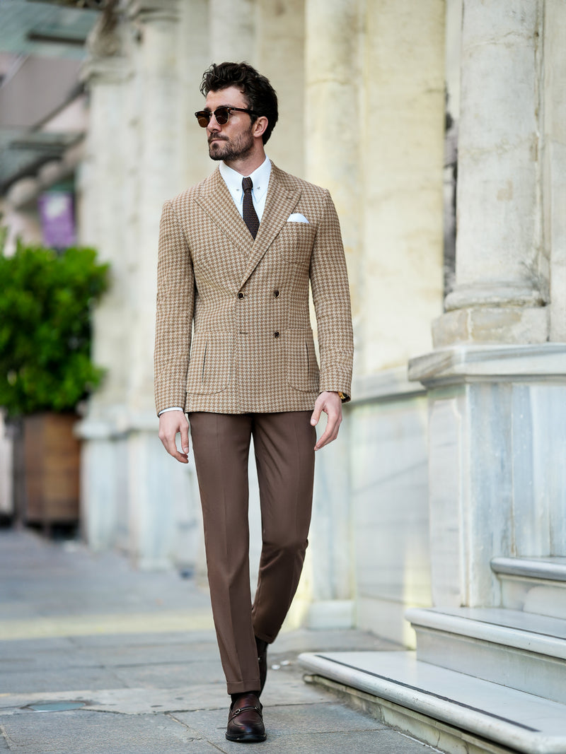 Brown Houndstooth Double Breasted Blazer