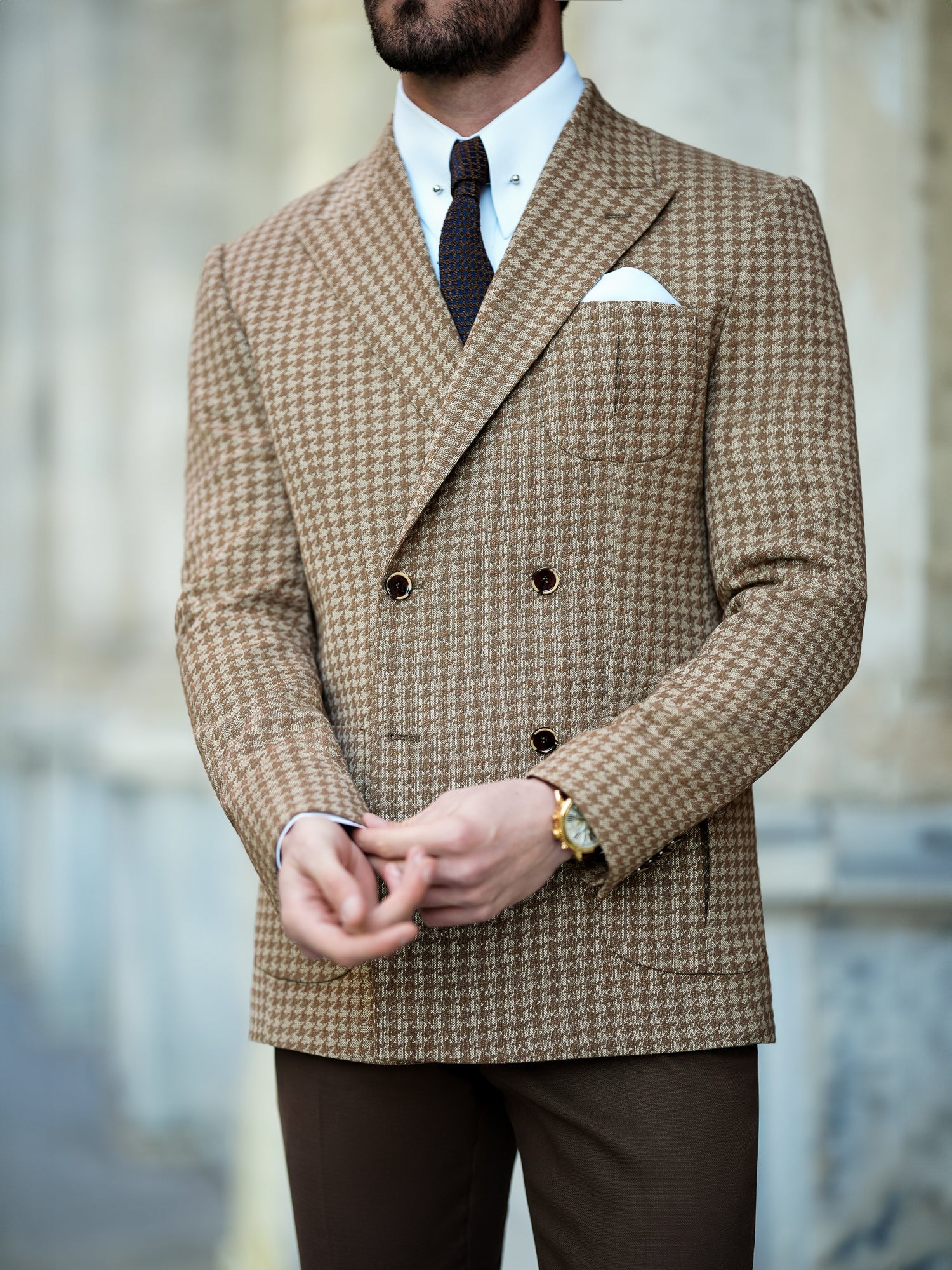 Brown Houndstooth Double Breasted Blazer