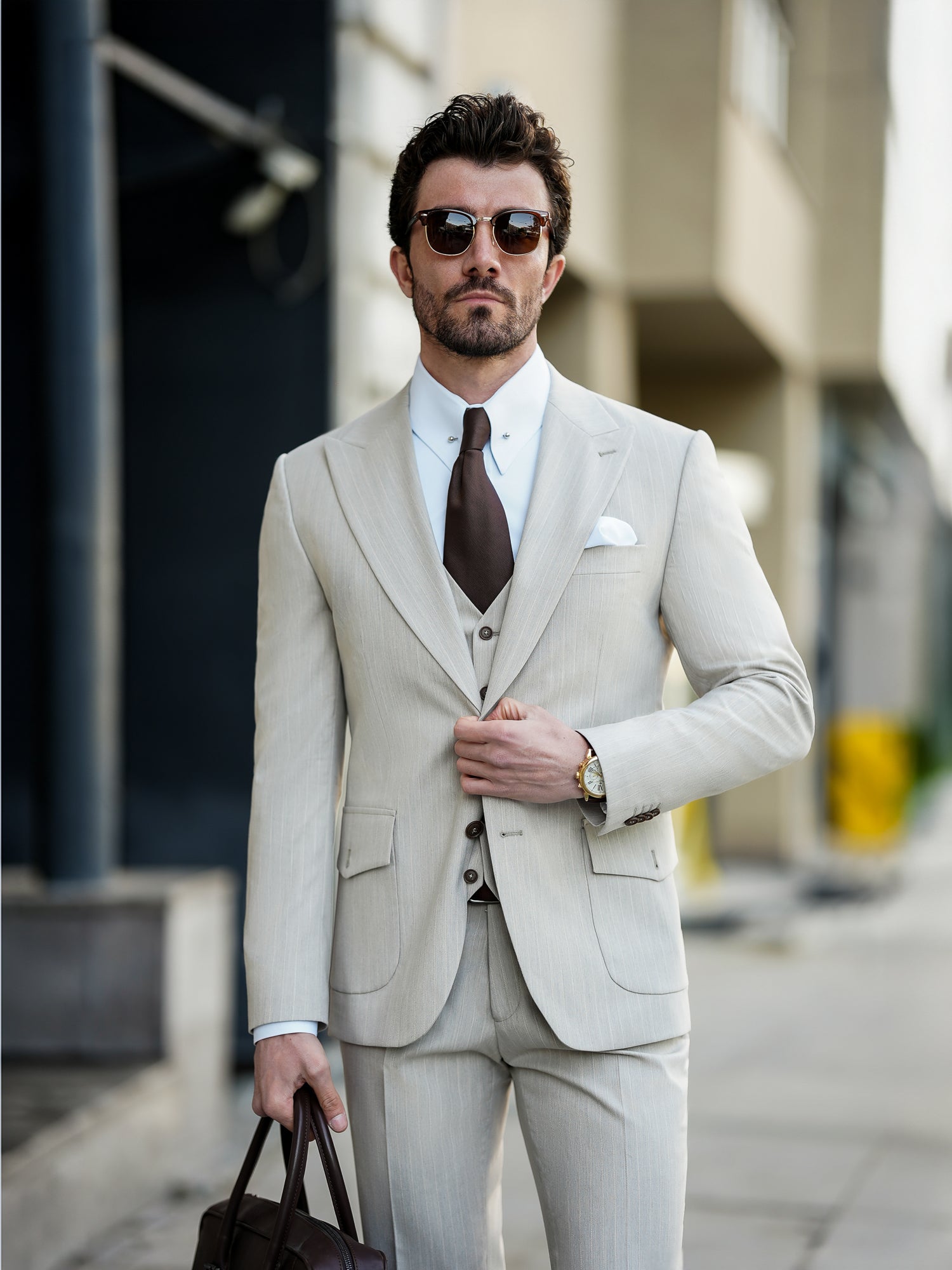 Beige Striped Slim-Fit Suit 3-Piece