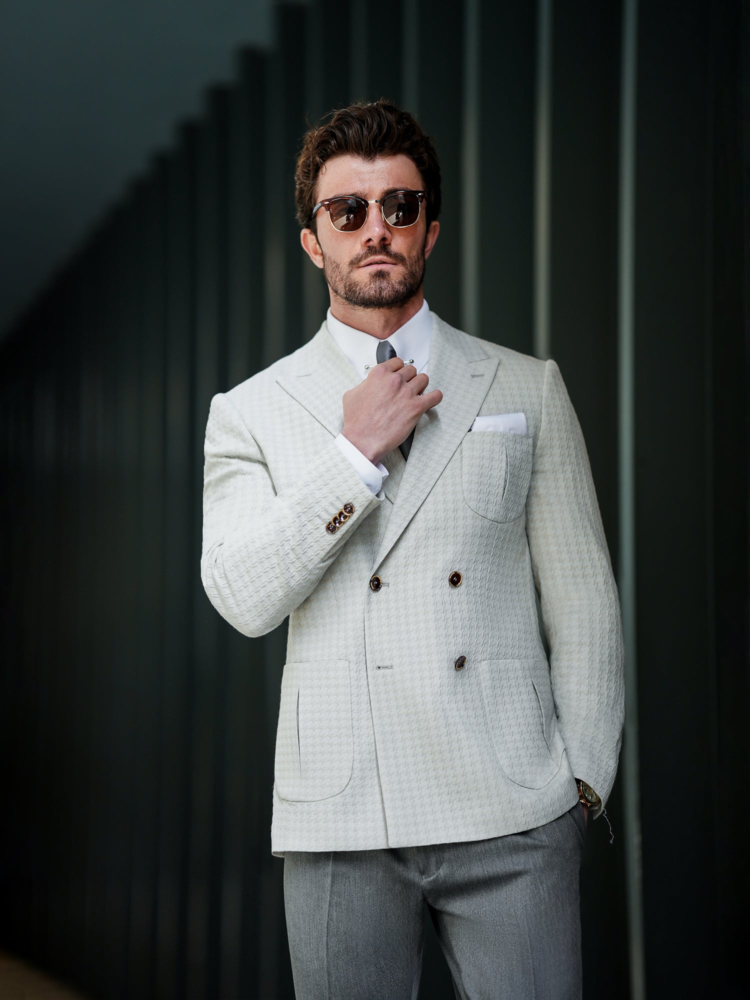 Light Grey Houndstooth Double Breasted Blazer