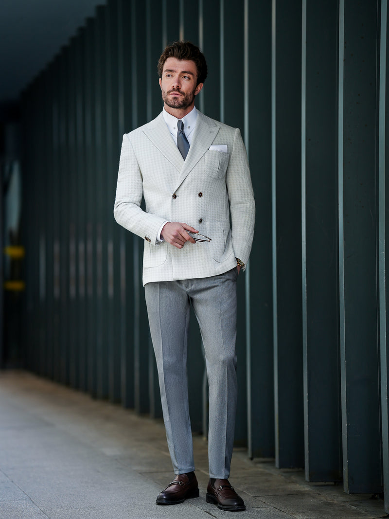 Light Grey Houndstooth Double Breasted Blazer