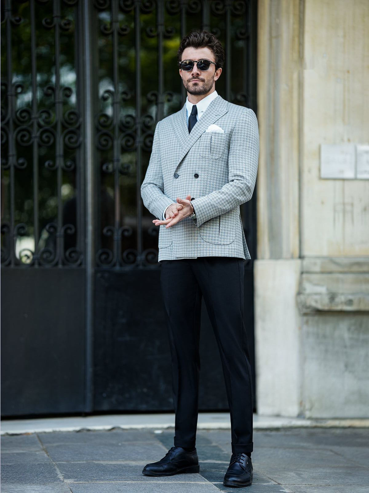 VIOSSI grey houndstooth double breasted blazer styled look with dress shirt - tuxedo double breasted design