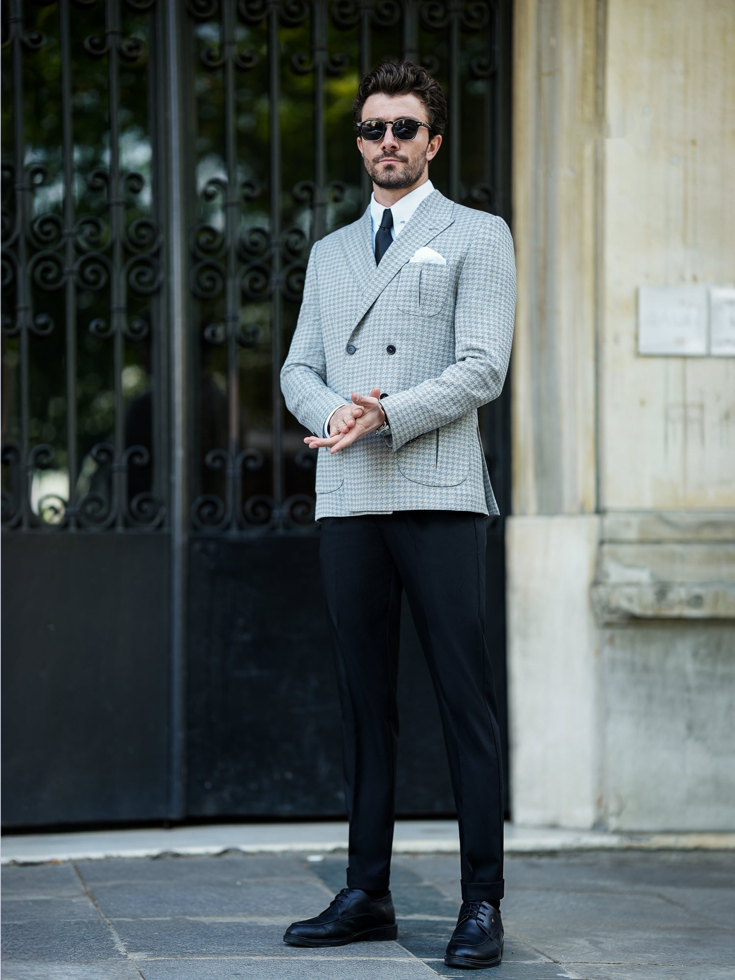 Grey Houndstooth Double Breasted Blazer