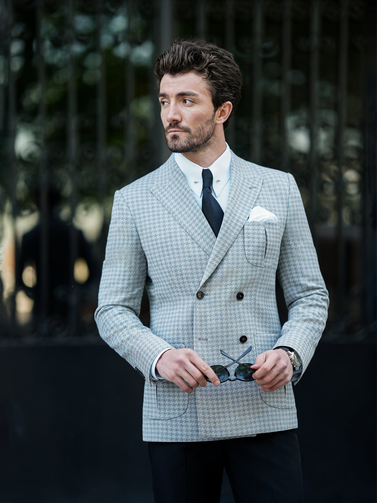 VIOSSI grey houndstooth tuxedo double breasted blazer worn model shot showing fit and drape