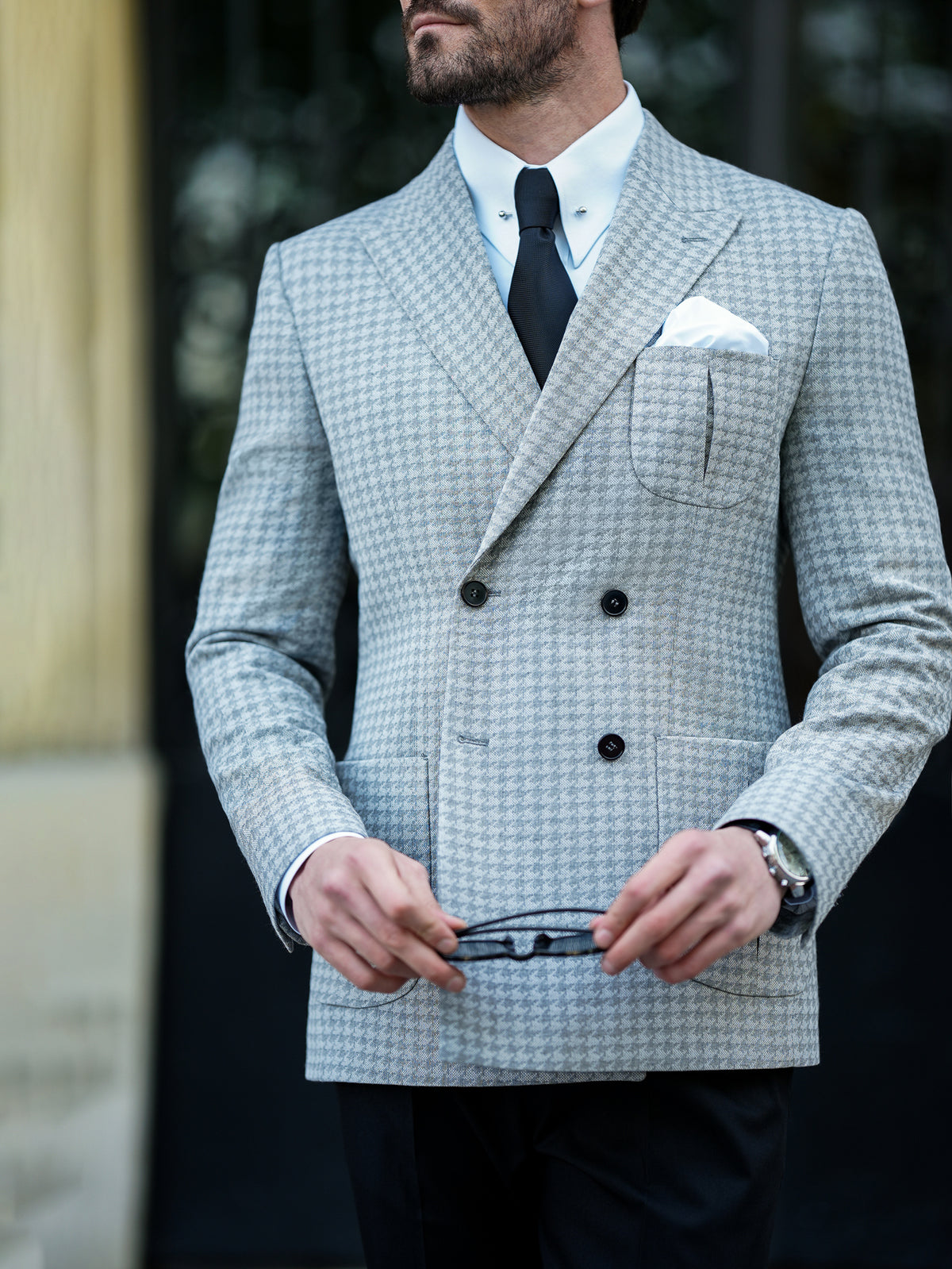 VIOSSI grey houndstooth men double breasted blazer detail of interior lining and craftsmanship