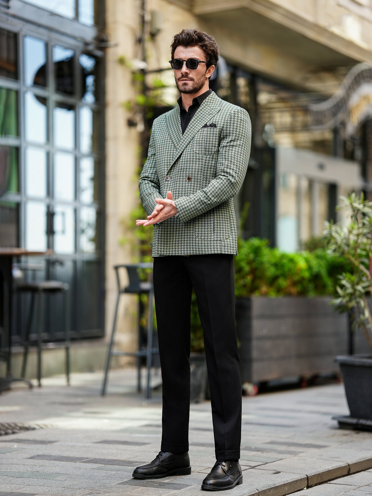 VIOSSI green houndstooth tuxedo double breasted blazer back view - formal men double breasted blazer