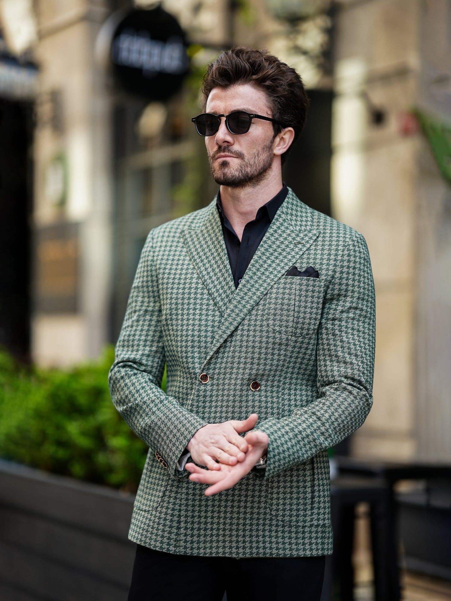 Green Houndstooth Double Breasted Blazer