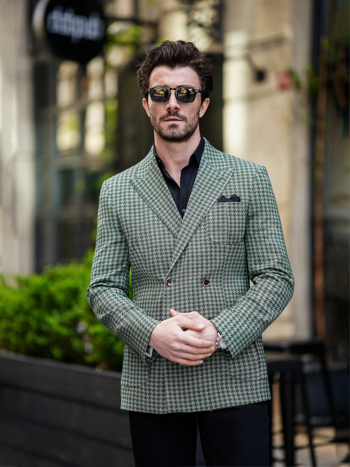 VIOSSI green houndstooth tuxedo double breasted blazer detail of buttons and lapel styling for men