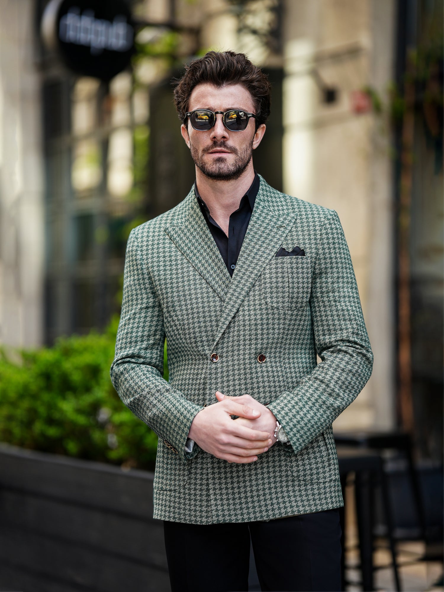 Green Houndstooth Double Breasted Blazer