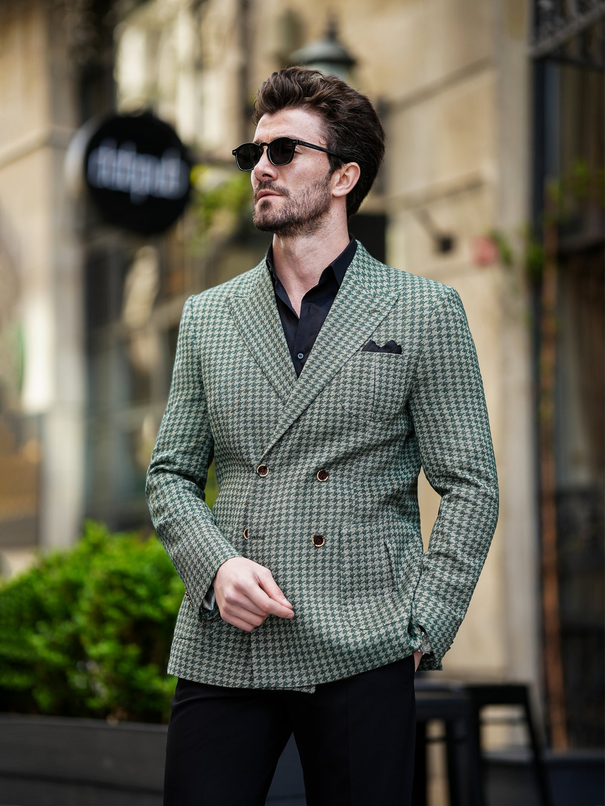 VIOSSI green houndstooth men double breasted blazer styled look with matching accessories and formal wear