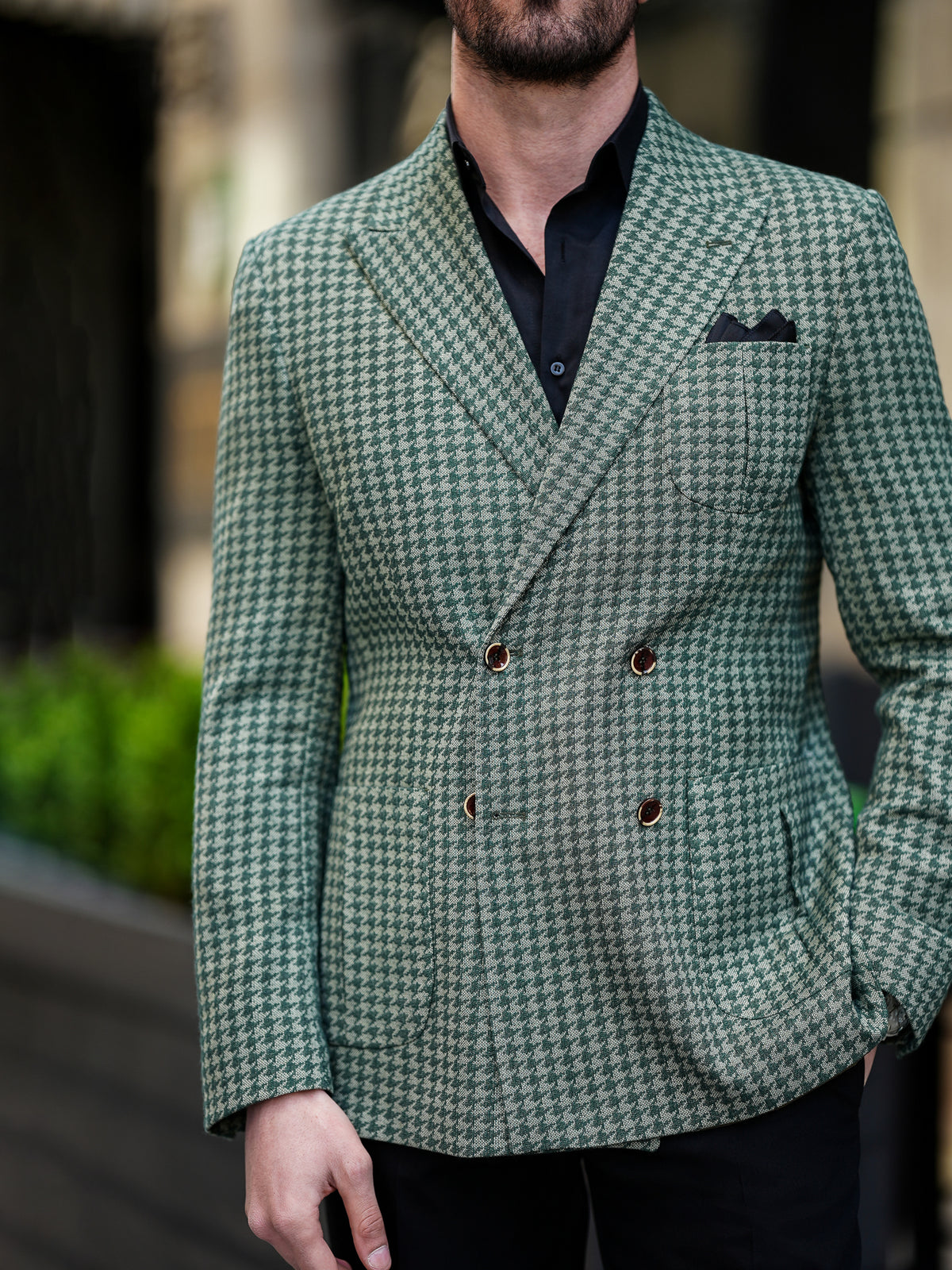 VIOSSI green houndstooth double breasted blazer front view - men double breasted blazer tuxedo style