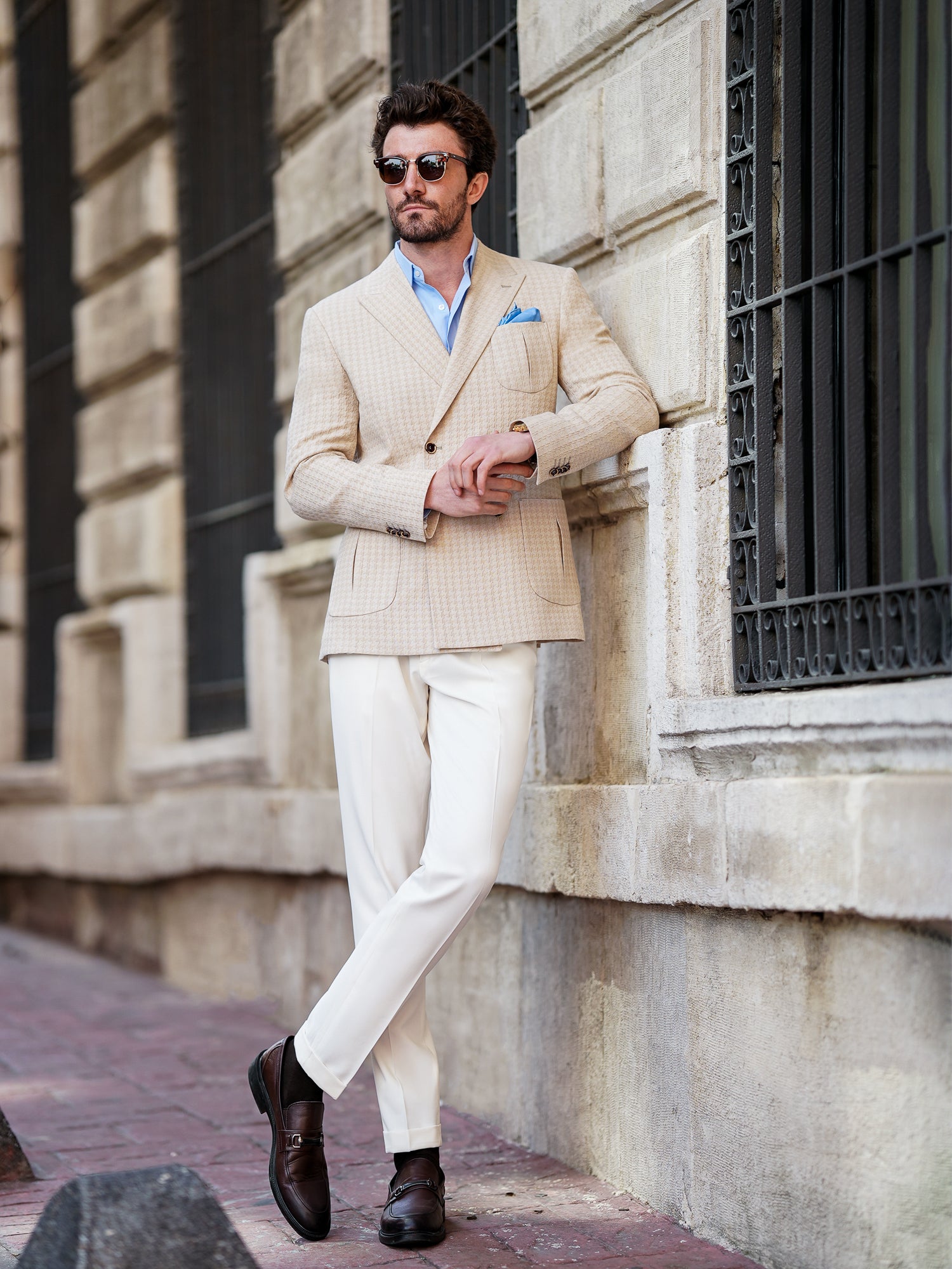 Beige Houndstooth Double Breasted Blazer