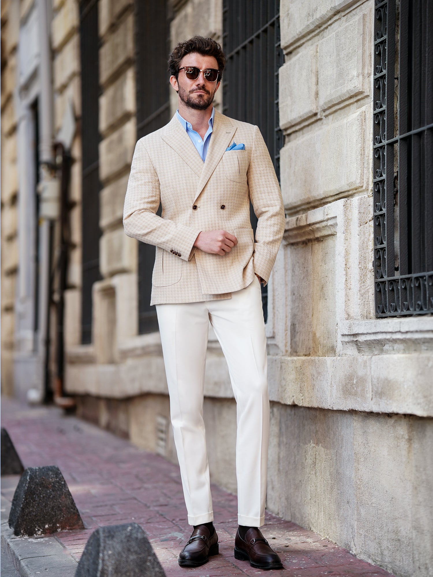 Beige Houndstooth Double Breasted Blazer