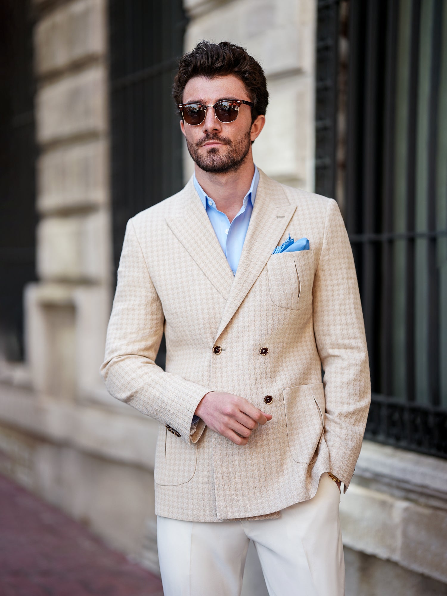 Beige Houndstooth Double Breasted Blazer