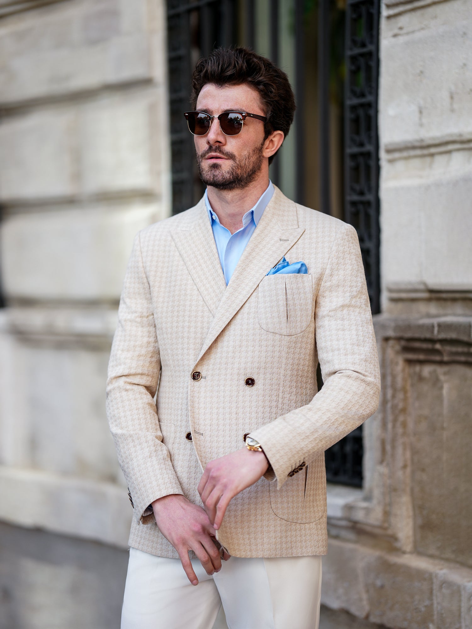 Beige Houndstooth Double Breasted Blazer